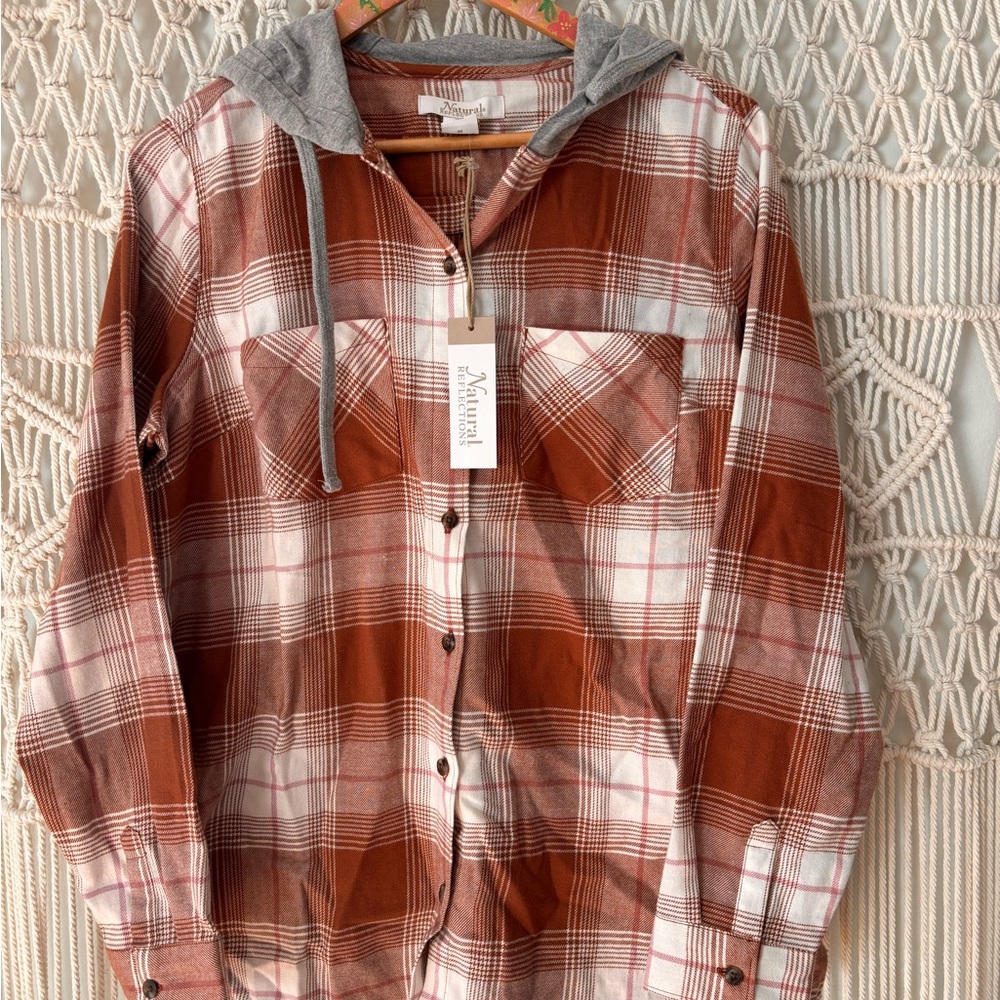 Natural Reflections Rust and White Plaid Hooded Button-Down Shirt - NWT